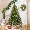 6FT Dark Green Pine Christmas Tree, Pre-Lit Set with Tree & Garland & Wreath, Hinged Artificial Xmas Tree with White Tips, Red Berries and Pine Cones