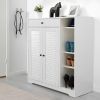 Freestanding Shoe Rack Organizer with 2 Shutter Door, Entryway Narrow Shoe Storage with Adjustable Storage Shelf &Top Drawer, Modern Slim Shoe Cabinet