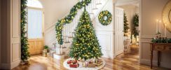 6FT Dark Green Pine Christmas Tree, Pre-Lit Set with Tree & Garland & Wreath, Hinged Artificial Xmas Tree with White Tips, Red Berries and Pine Cones