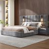 Upholstered Queen bed,with reading lamp and USB port, wide headboard,without bedside tables and mattress, velvet, grey