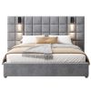 Upholstered Queen bed,with reading lamp and USB port, wide headboard,without bedside tables and mattress, velvet, grey