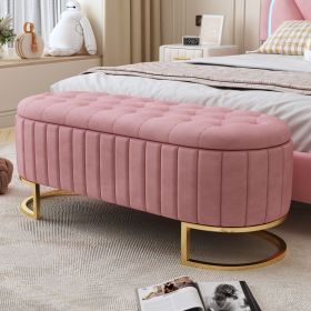 Elegant Upholstered Velvet Storage Ottoman with Button-Tufted,Storage Bench with Metal Legs for Bedroom,Living Room,Fully Assembled Except Legs (Color: Pink)